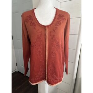 April Cornell Cardigan Sweater Womens Large Ombre Embroidered Floral Velvet Trim